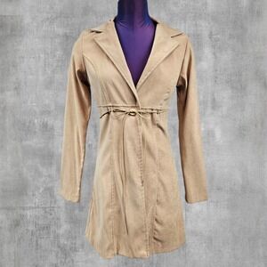 Vintage Can't Miss Tan Faux Suede Empire Waist Mid Length Blazer Small F8